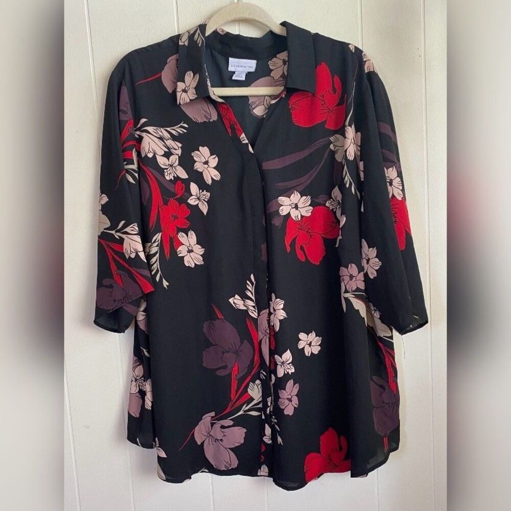 Liz Claiborne Blouse Womens 3X Black Red Floral Tunic Top 3/4 Sleeve Plus Size